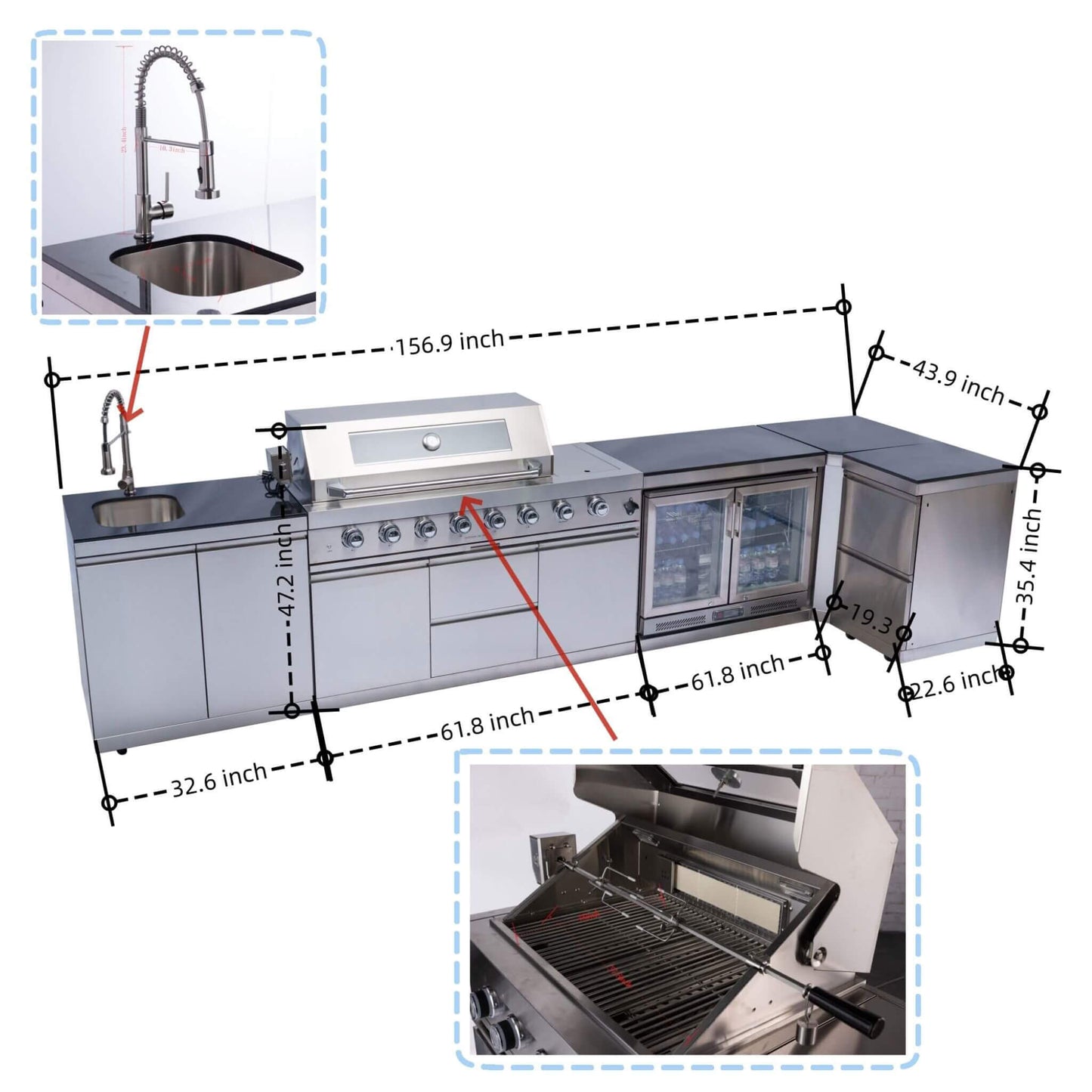 Castelle Flame 62-Inch 6-Burner Gas Outdoor Grill Island with Wine Cooler and Rotisserie