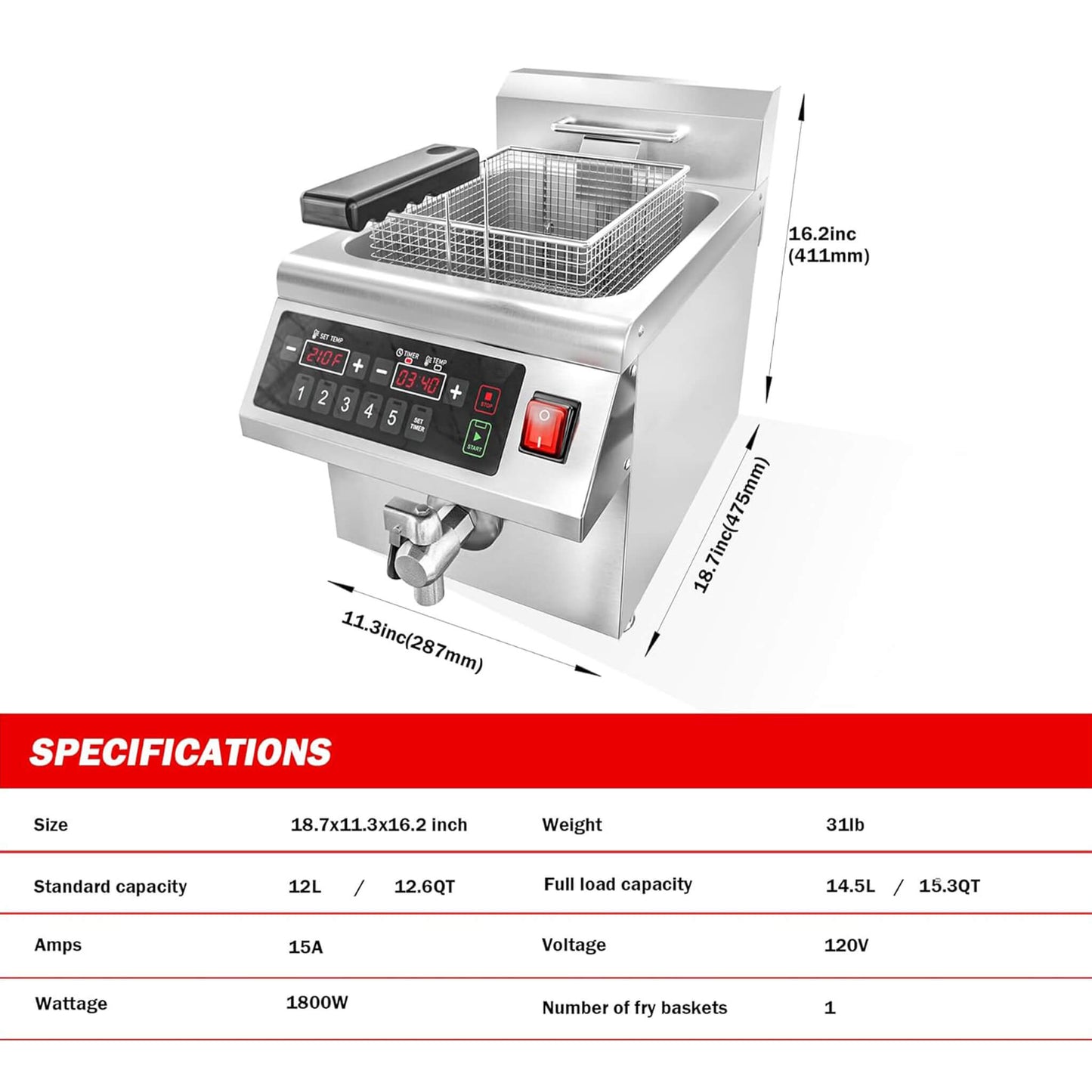 Commercial 12.6 QT 1800W Electric Induction Deep Fryer with Timer