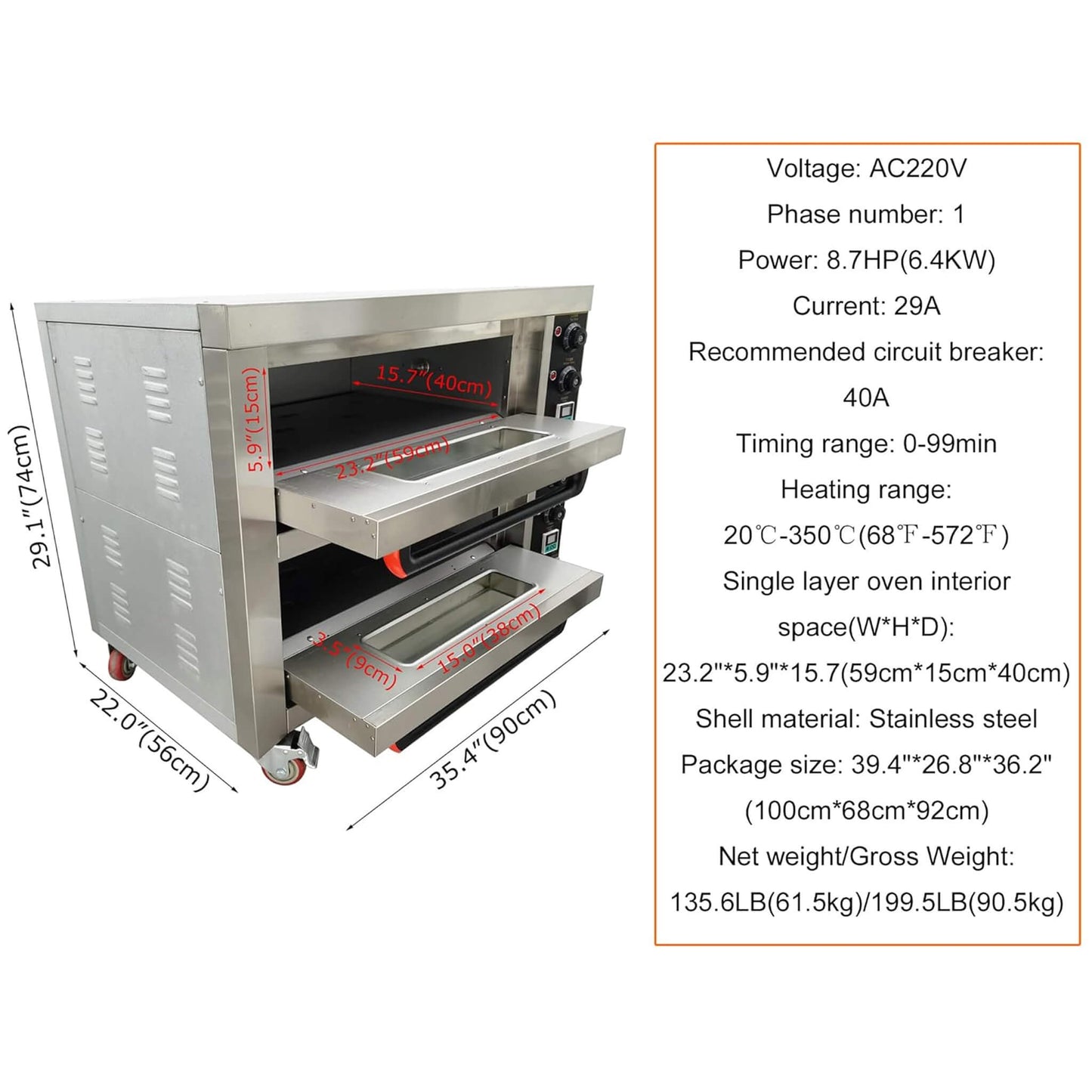 6400W Commercial Electric Double Deck Convection Baking Pizza Oven