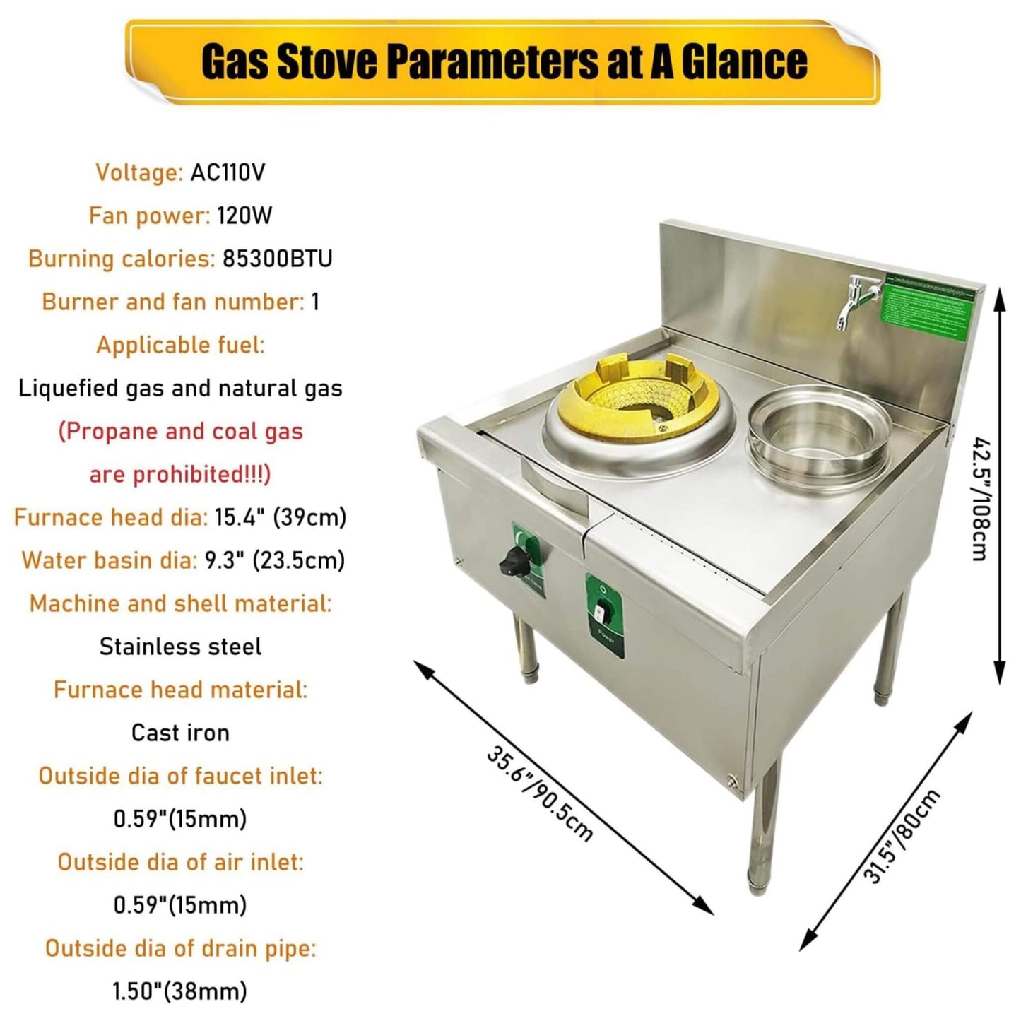 Commercial 85300 BTU Stainless Steel Single-Burner LPG NG Wok Stove