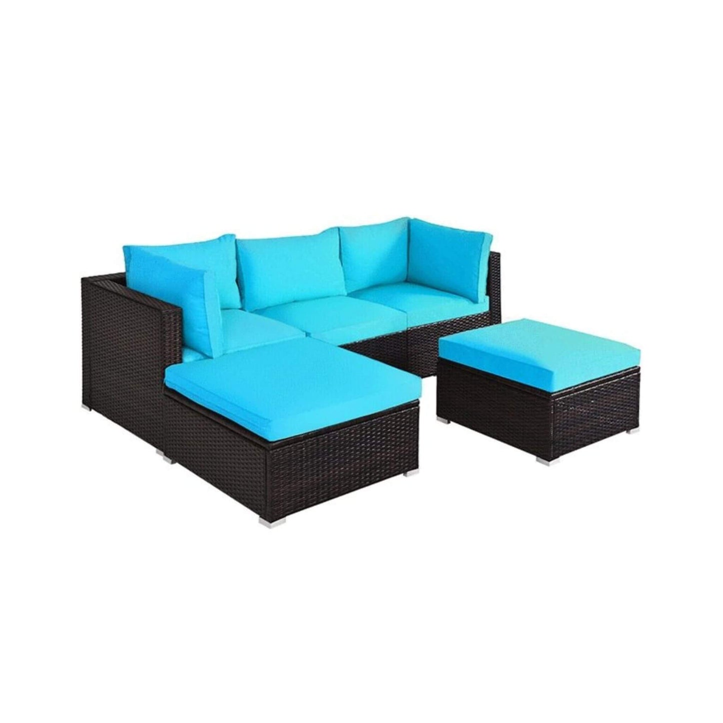 Alora Outdoor 5-Piece Patio Rattan Turquoise Furniture Sectional Conversation Sofa Set