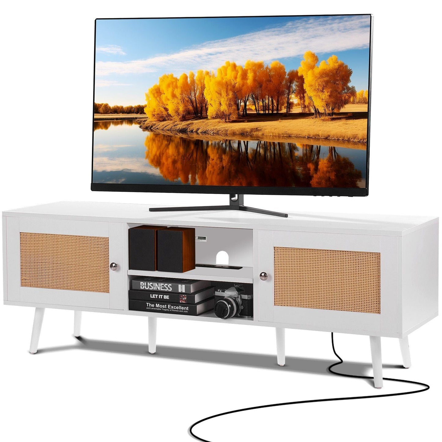 Rattan TV Stand for 65 inch TV, Boho TV Stand with Rattan Door, Entertainment Center with Build-in Socket and USB Ports, Modern TV Console for Living Room, Media Room, White