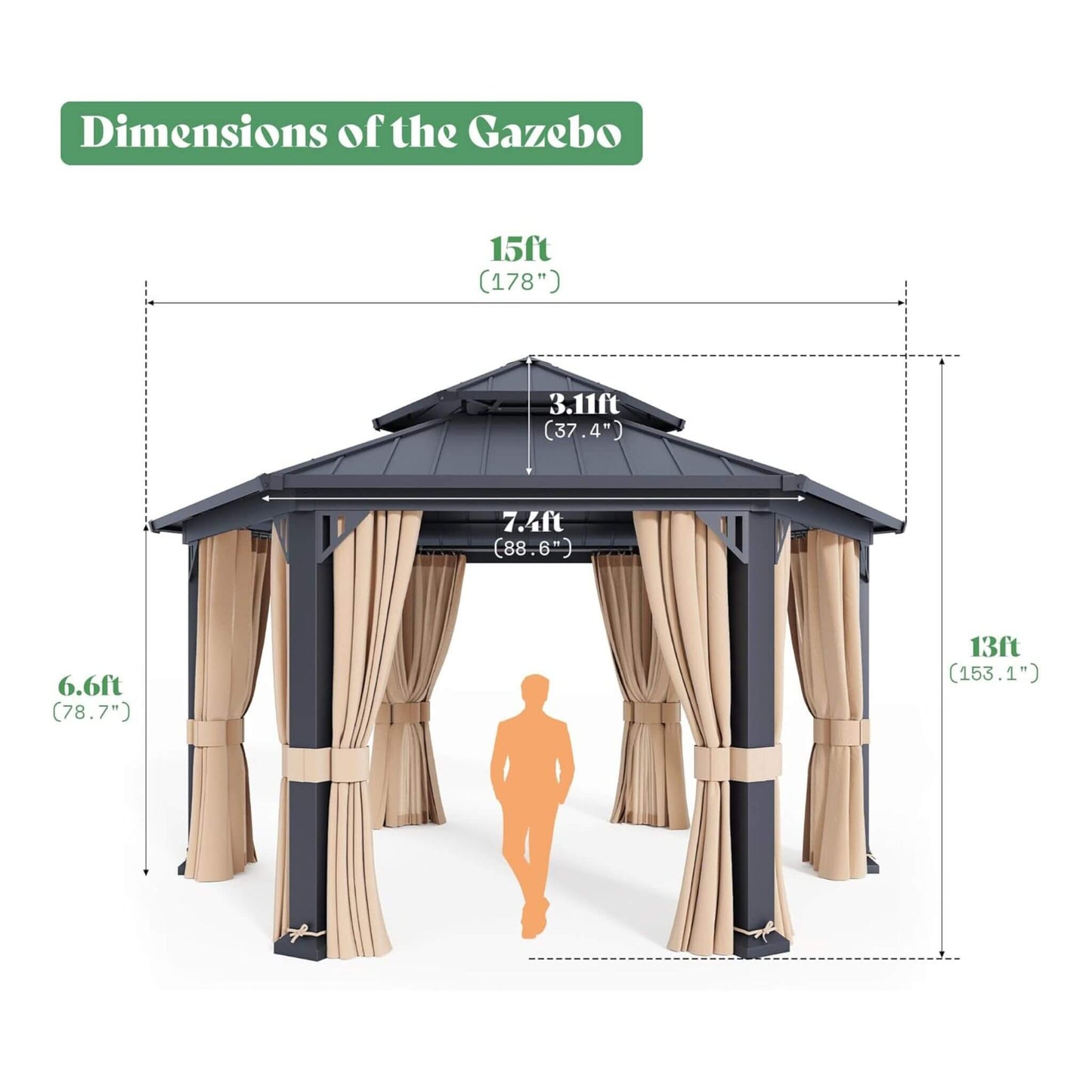 13FT x 15FT Alora Double-Tier Hexagonal Metal Hardtop Patio Gazebo with Curtains