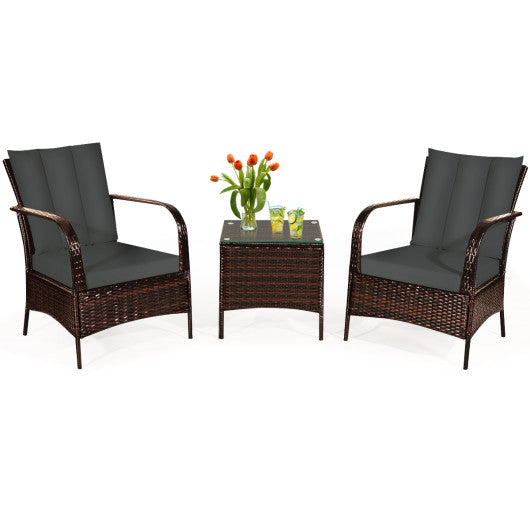3 Pcs Patio Conversation Rattan Furniture Set with Glass Top Coffee Table and Cushions - Gray