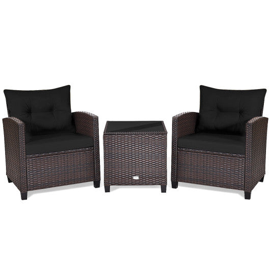 3 Pcs Patio Rattan Furniture Set Cushioned Conversation Set Coffee Table - Black