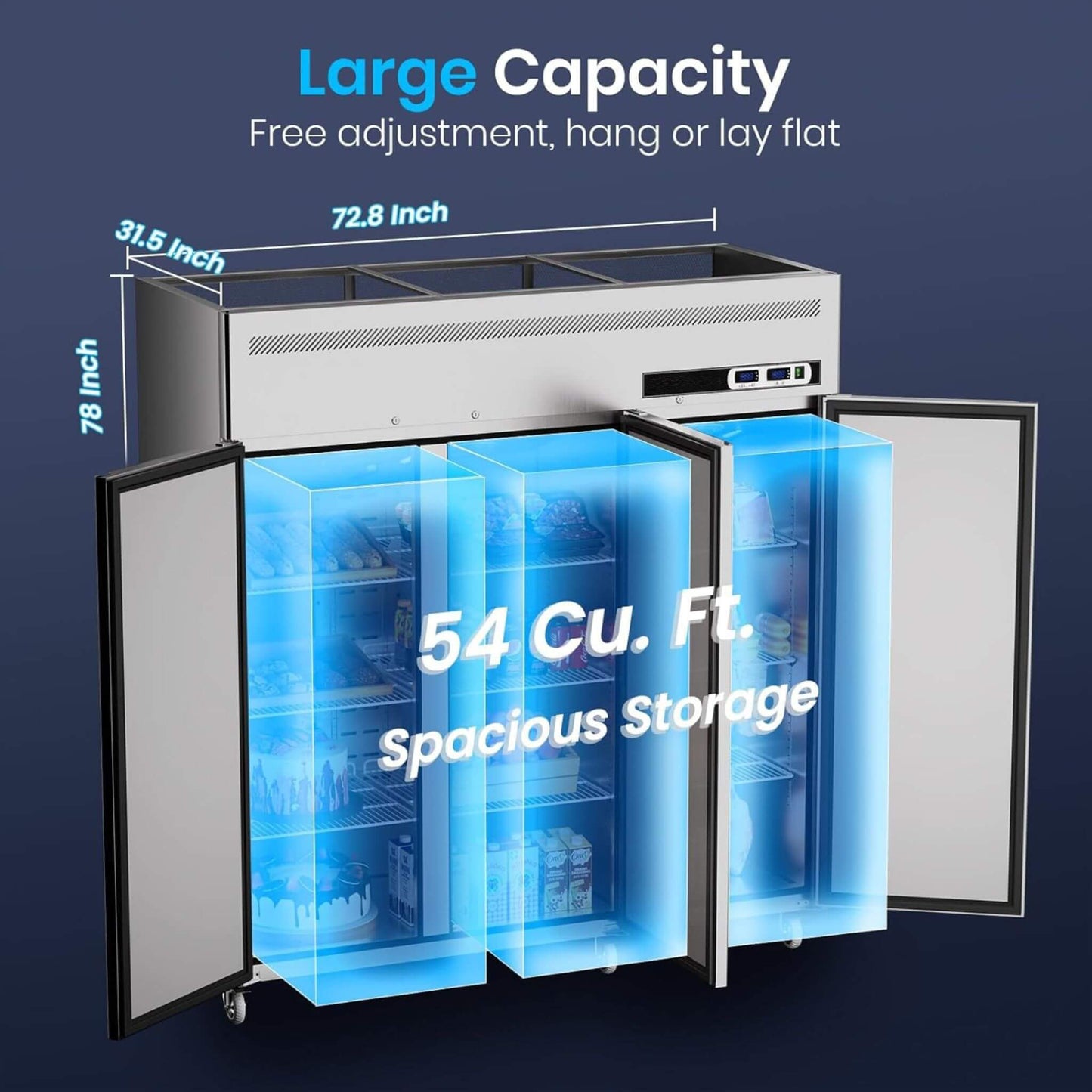 Extra-Large 72-Inch 54 Cu.Ft Commercial 3-Door Upright Reach-In Freezer Refrigerator Combo with Wheels