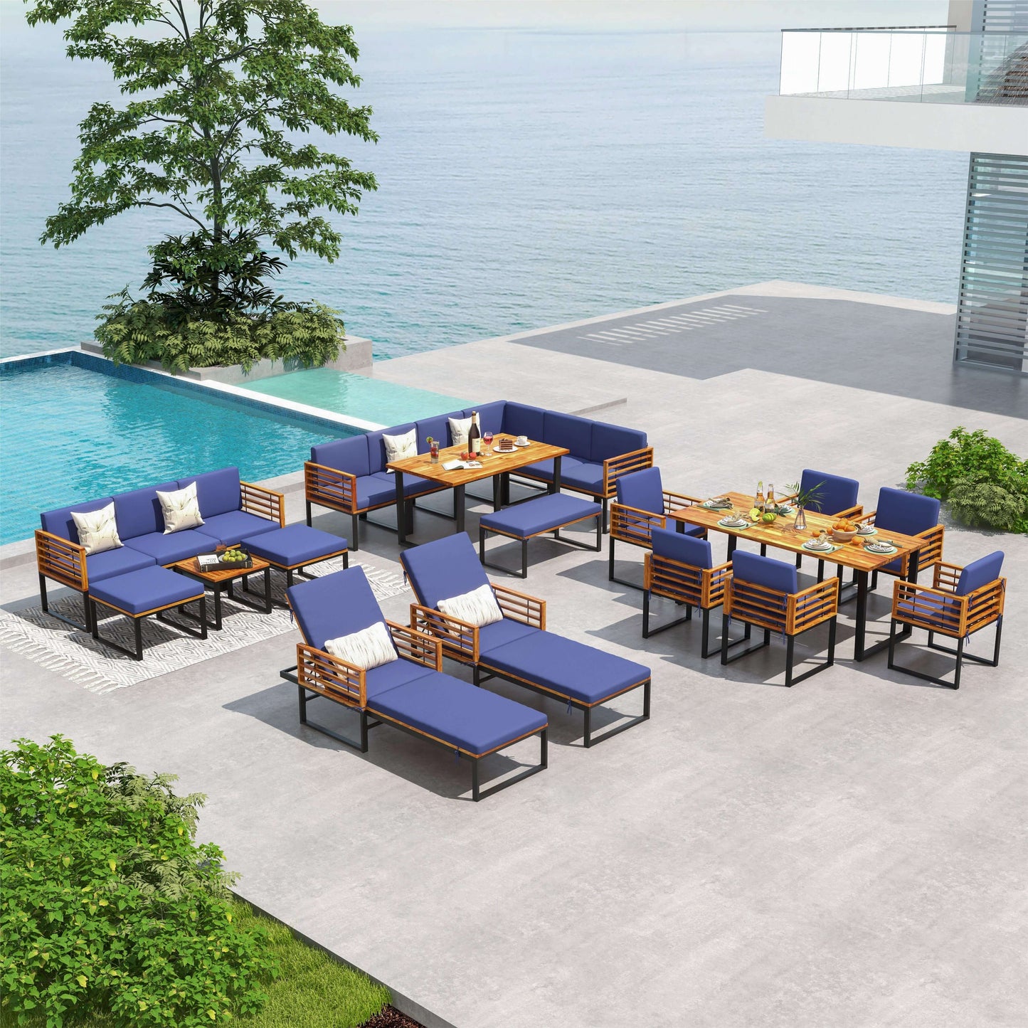 Adjustable Cushioned Patio Chaise Lounge Chair with 4-Level Backrest - Navy