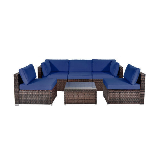 6 Pieces Patio Rattan Furniture Set with Cushions and Glass Coffee Table - Navy