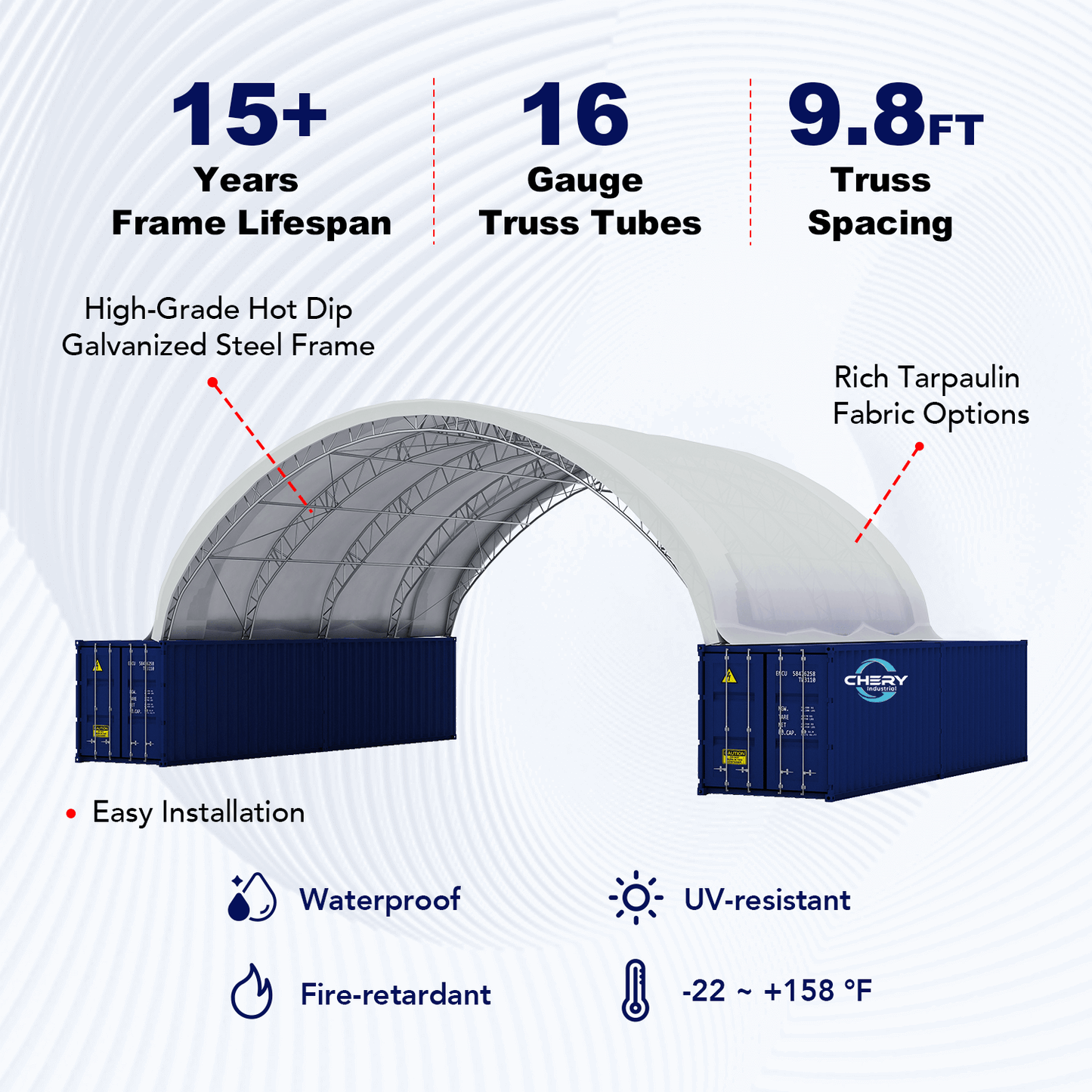 Reinforced 50FT x 40FT x 17FT Double Truss Container Shelter