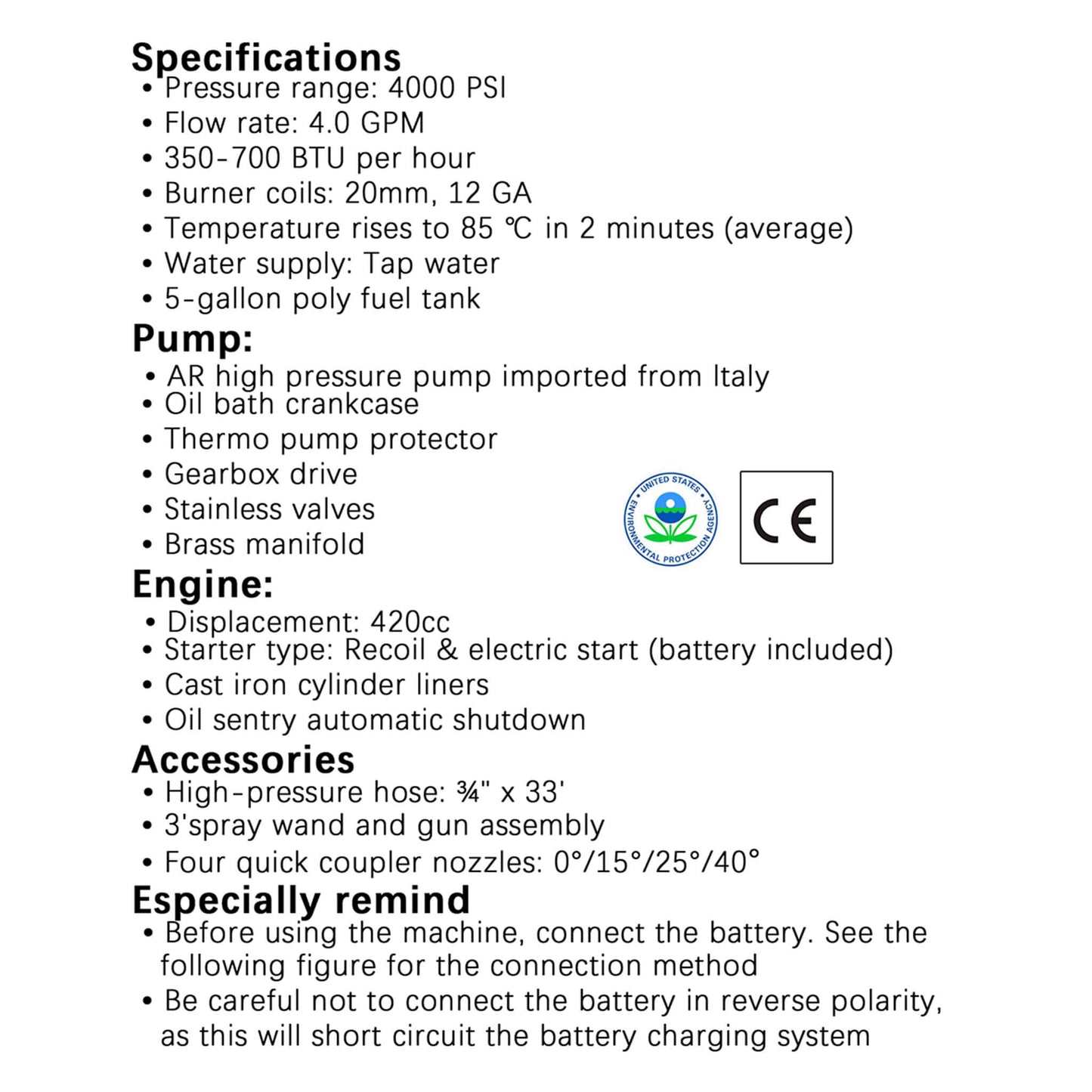 Heavy-Duty 4GPM 4000PSI Commercial Portable Hot Water Pressure Power Washer