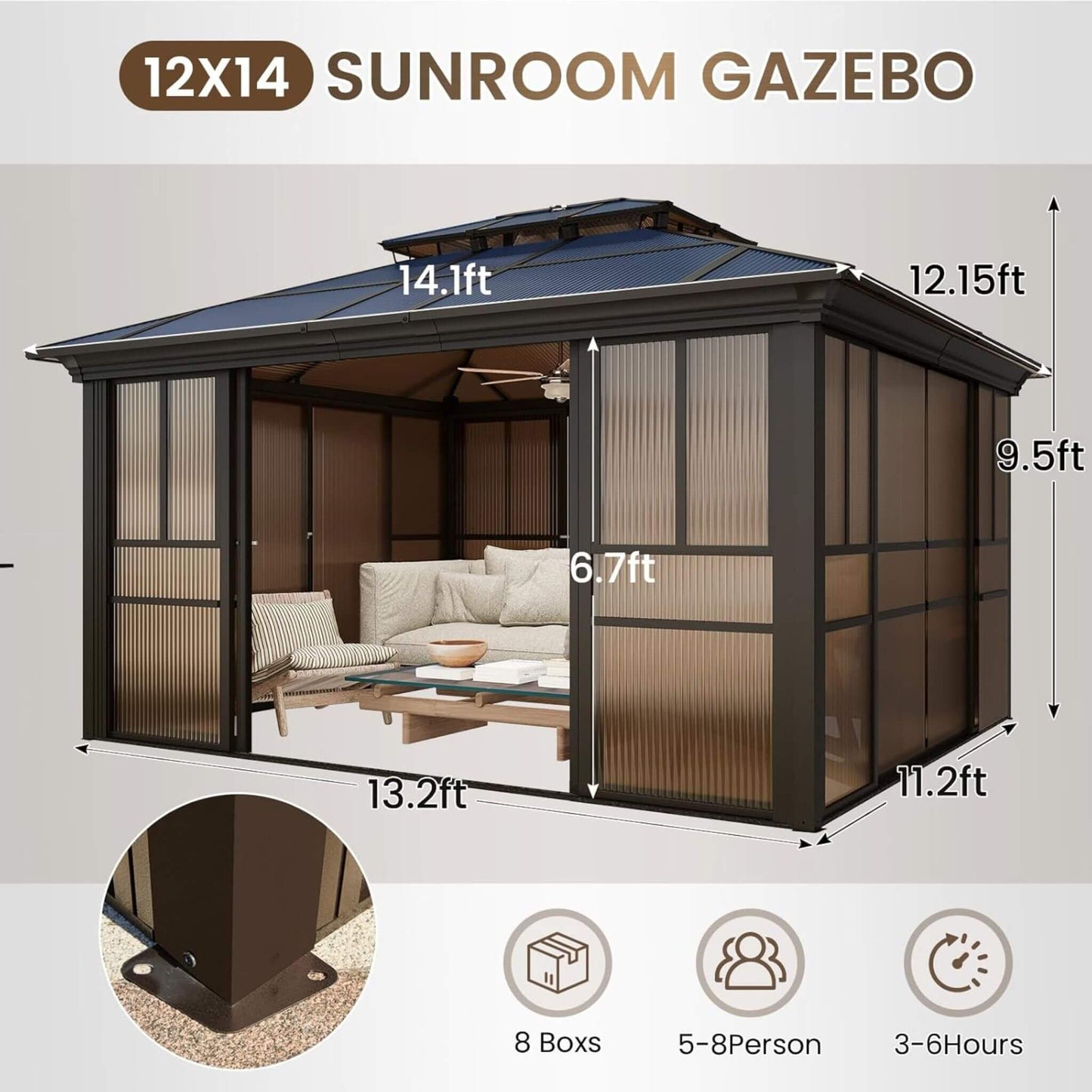 Alora Edge Heavy-Duty Aluminum Frame Outdoor Backyard Solarium with Polycarbornate Roof and Adjustable Panels