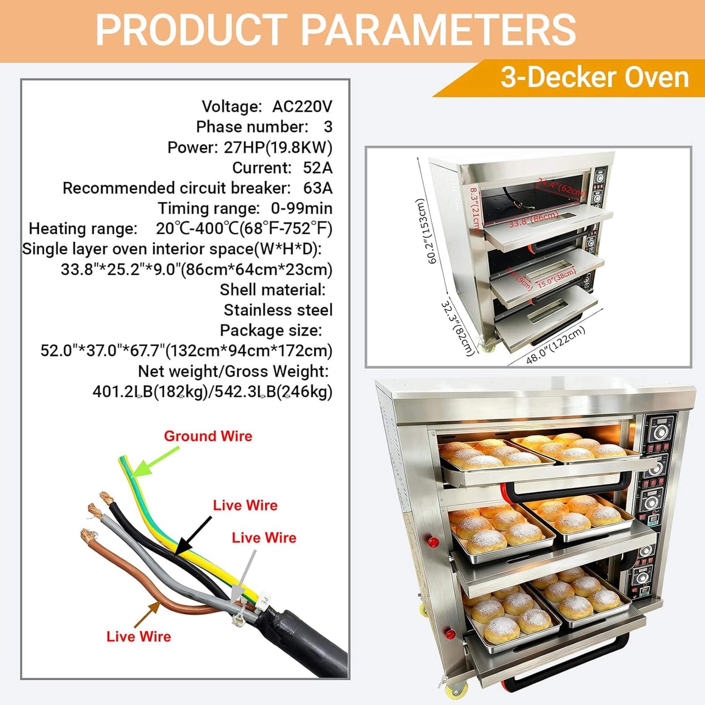 Heavy Duty Commercial Triple Deck 220V 19.8KW Electric Pizza Oven