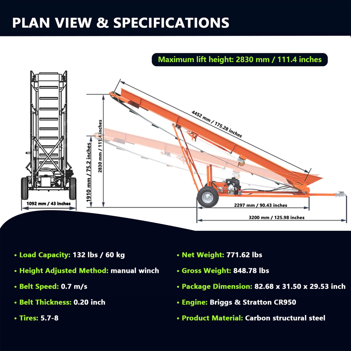 Heavy-Duty Commercial 6.5HP Gasoline Hydraulic High-Speed Wood Conveyor