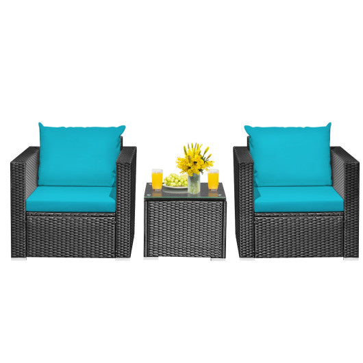 3 Pieces Patio Wicker Conversation Set with Cushion - Turquoise
