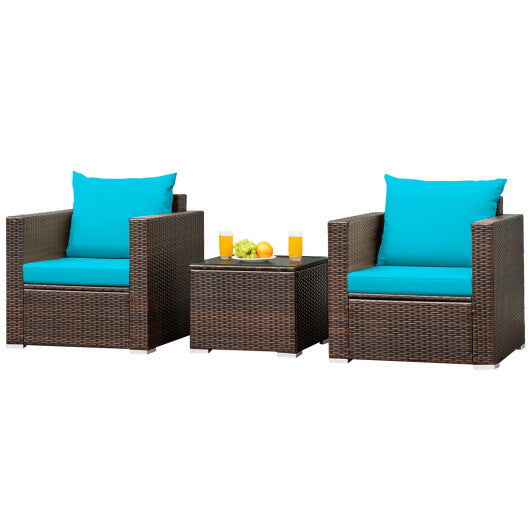 3 Pcs Patio Conversation Rattan Furniture Set with Cushion - Turquoise