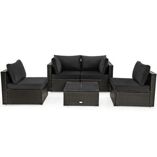 5 Pieces Cushioned Patio Rattan Furniture Set with Glass Table - Black