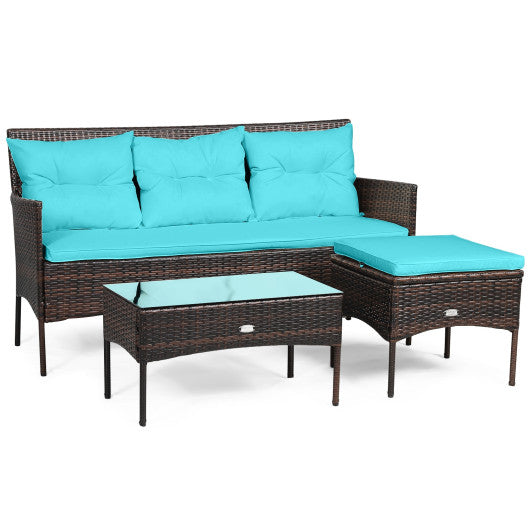 3 Pieces Patio Furniture Sectional Set with 5 Cozy Seat and Back Cushions - Turquoise