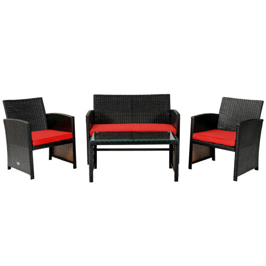 4 Pieces Patio Rattan Cushioned Furniture Set - Red