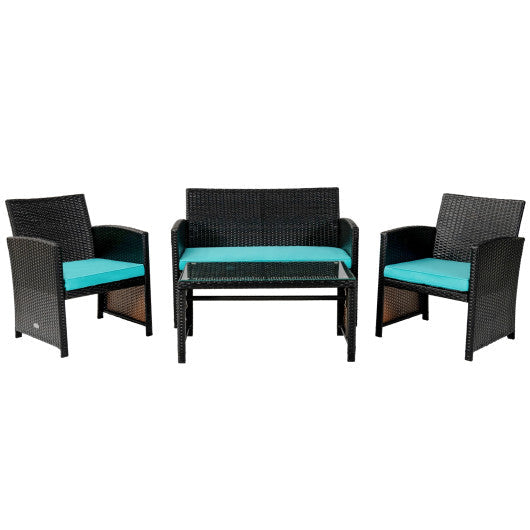 4 Pieces Patio Rattan Cushioned Furniture Set - Turquoise