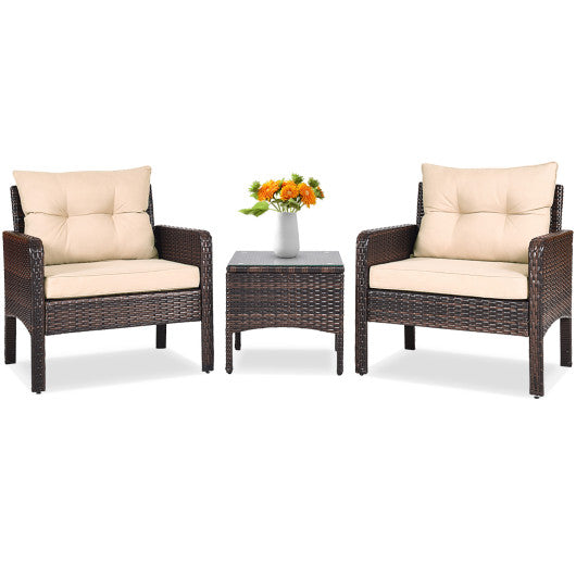 3 Pieces Outdoor Patio Rattan Conversation Set with Seat Cushions - Beige