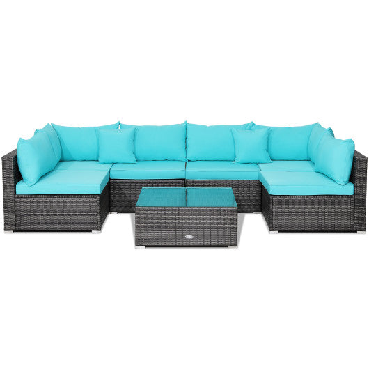 7 Pieces Patio Rattan Furniture Set with Sectional Sofa Cushioned - Turquoise