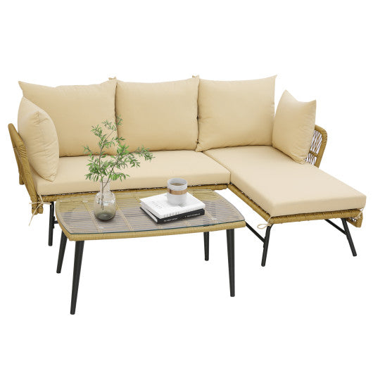 3 Pieces L-Shaped Patio Sofa with Cushions and Tempered Glass Table - Beige