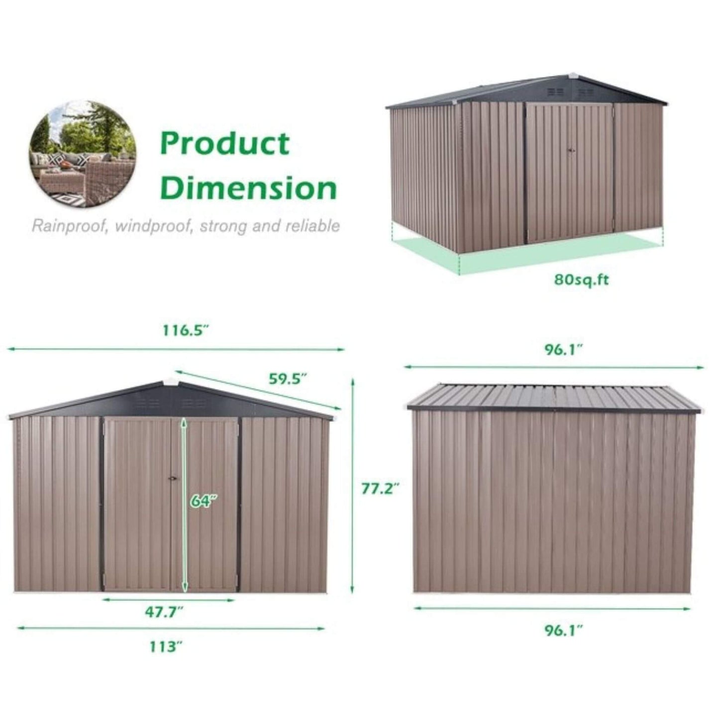 8FT x 10FT Alora Large Heavy-Duty Outdoor Metal Garden Tools Storage Utility Shed with Lockable Door