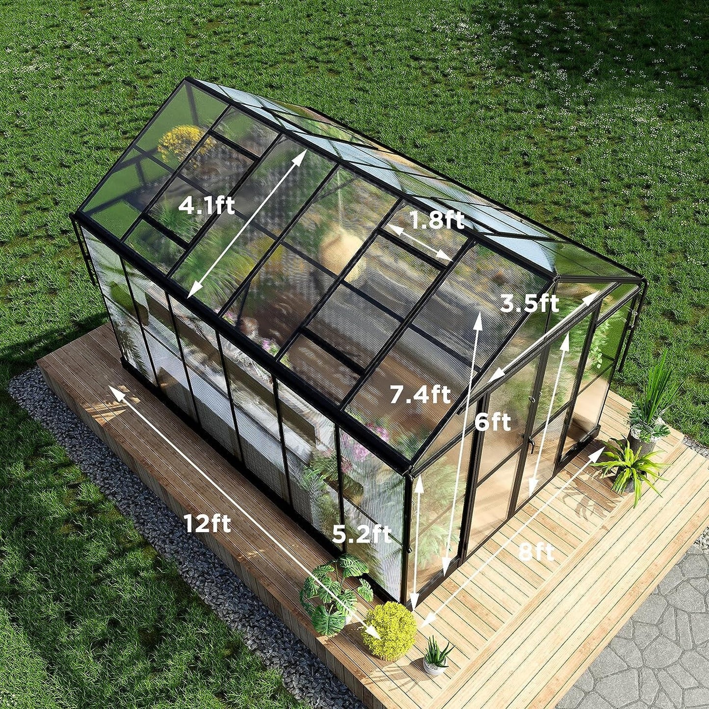 8' x 12' FT Large Premium Outdoor Aluminum Polycarbonate Greenhouse With Double Swing Doors