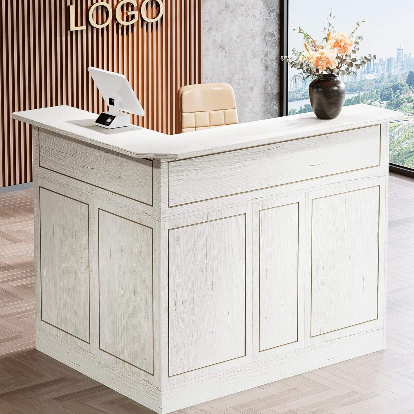 Velmor Modern L-Shaped Reception Desk with Storage Shelves