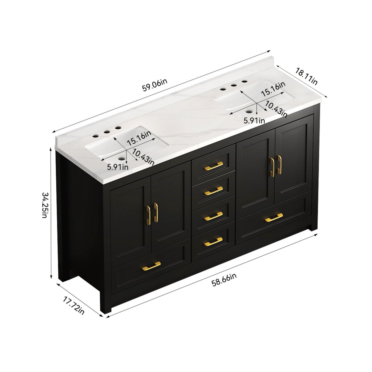 Nuvia 60-Inch Black Bathroom Vanity with Soft Close Doors and Drawers Storage