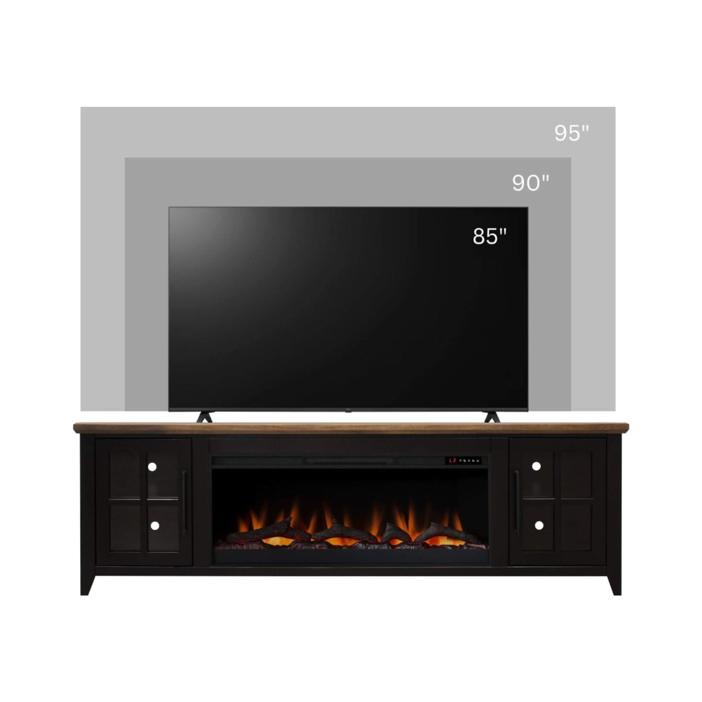 Nuvia 83-Inch Bourbon Black TV Stand With Fireplace And Glass Windowpane Doors