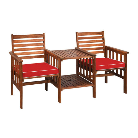 3 pcs Outdoor Patio Table Chairs Set Acacia Wood Loveseat - Red