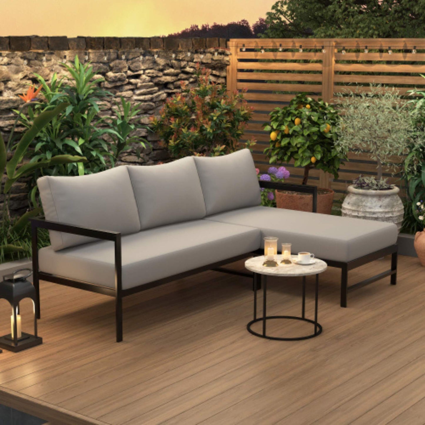 Alora Outdoor 3-Person L-Shaped Patio Sofa with Iron Frame and Thick Cushions