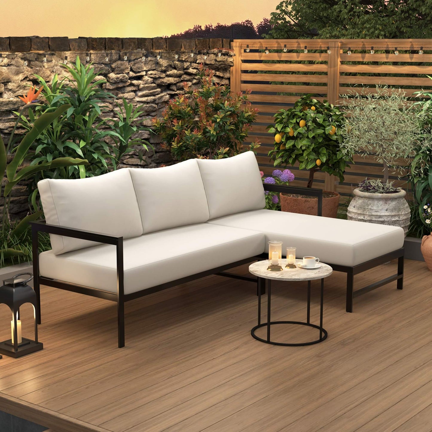 Alora Outdoor 3-Person L-Shaped Patio Sofa with Iron Frame and Thick Cushions