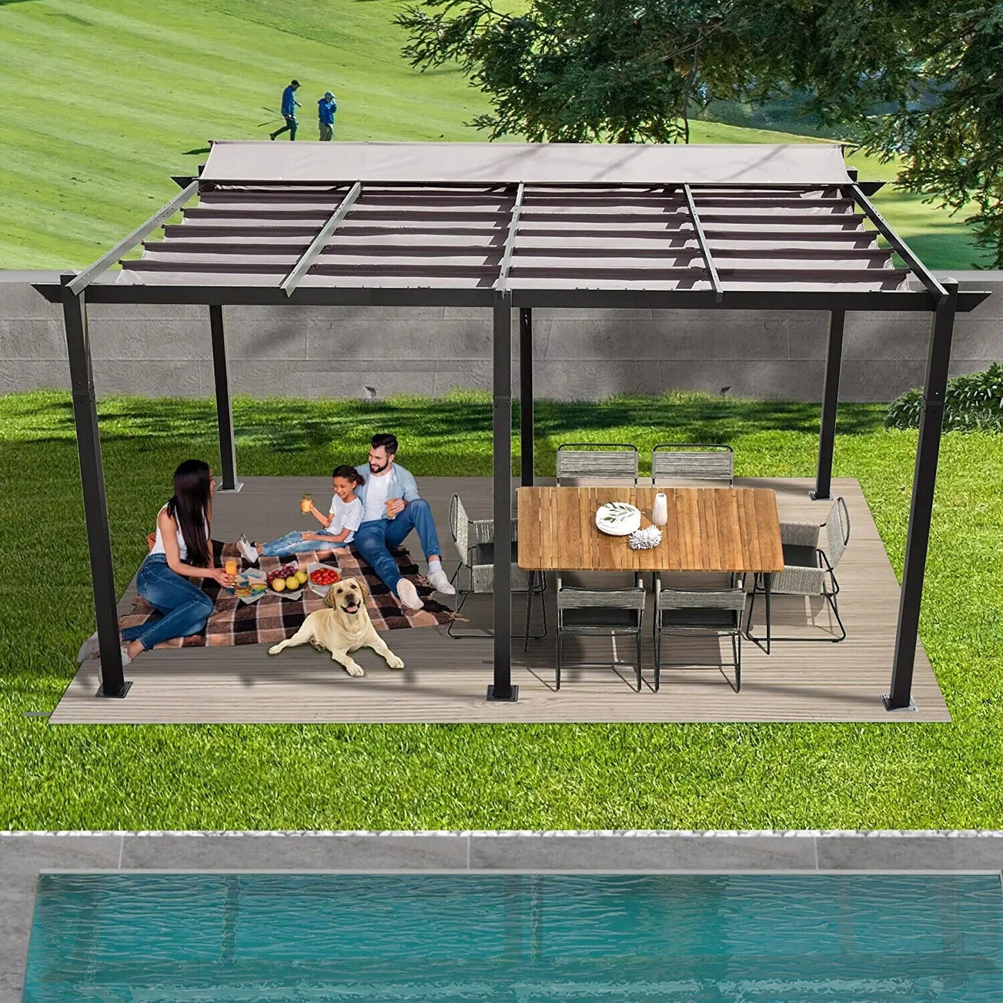 11' x 16' Outdoor Retractable Backyard Aluminum Metal Pergola Gazebo With Roof