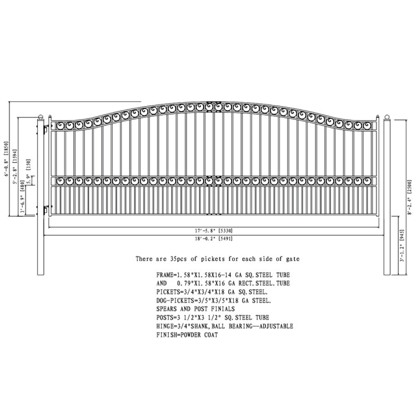 12FT - 18FT Heavy-Duty Paris-Style Galvanized Steel Single-Swing Driveway Gate