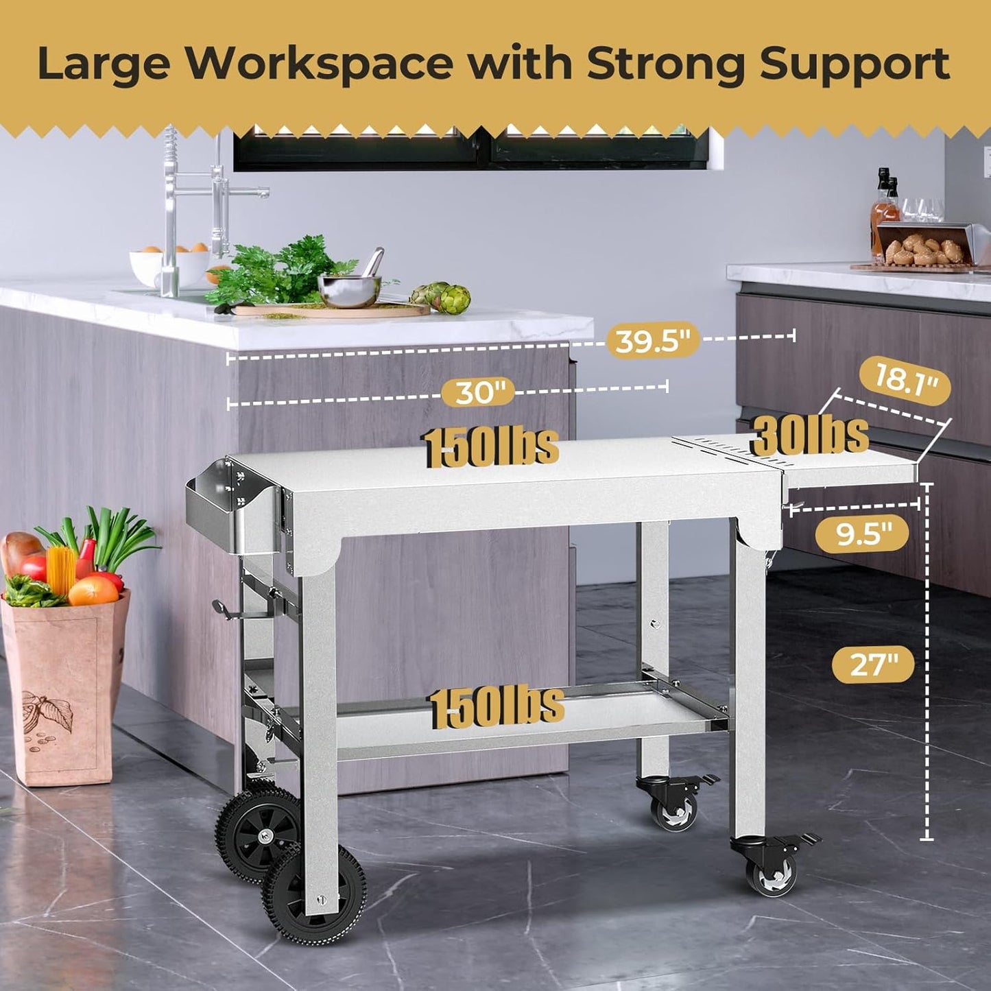 Portable Folding Grill Prep Table with Wheels BBQ Grill Stand for Camping Tailgate
