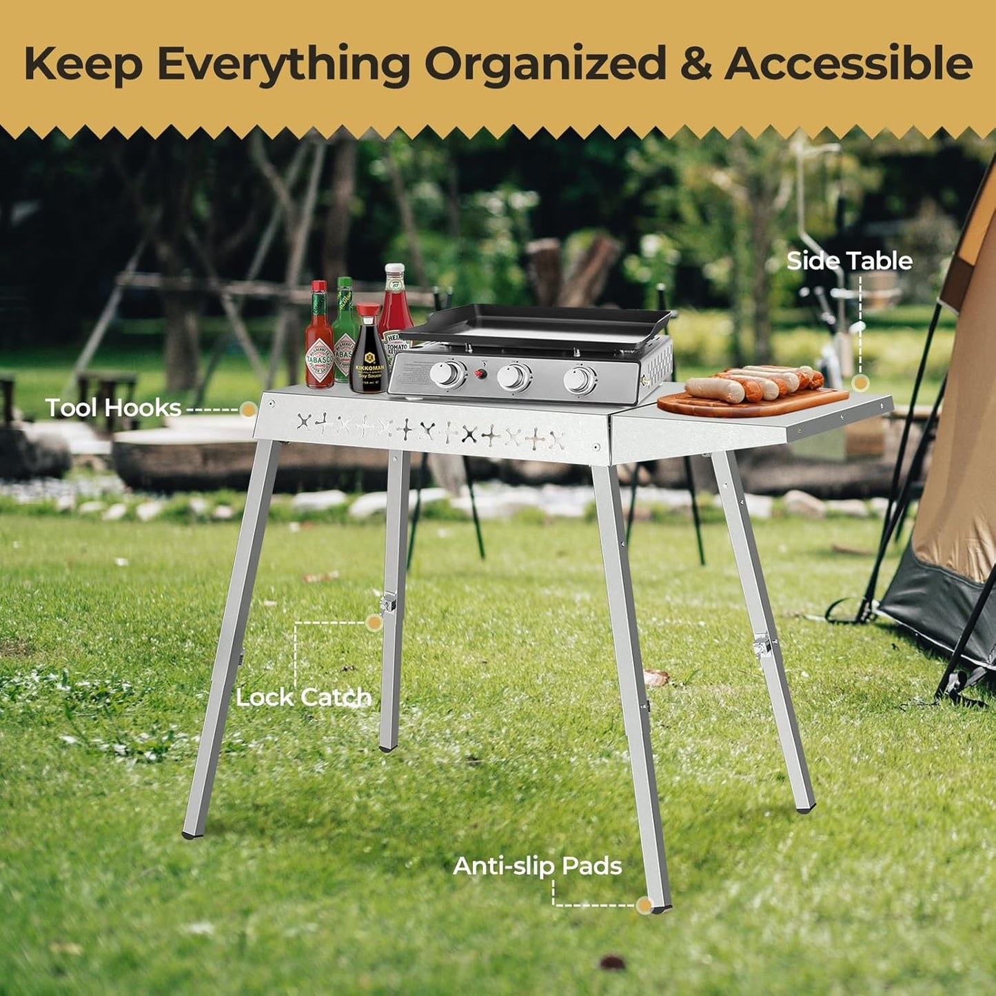 Portable Grill Prep Table with Adjustable and Folding Legs, 304 Stainless Steel BBQ Grill Stand for Tabletop Griddle and Pizza Oven