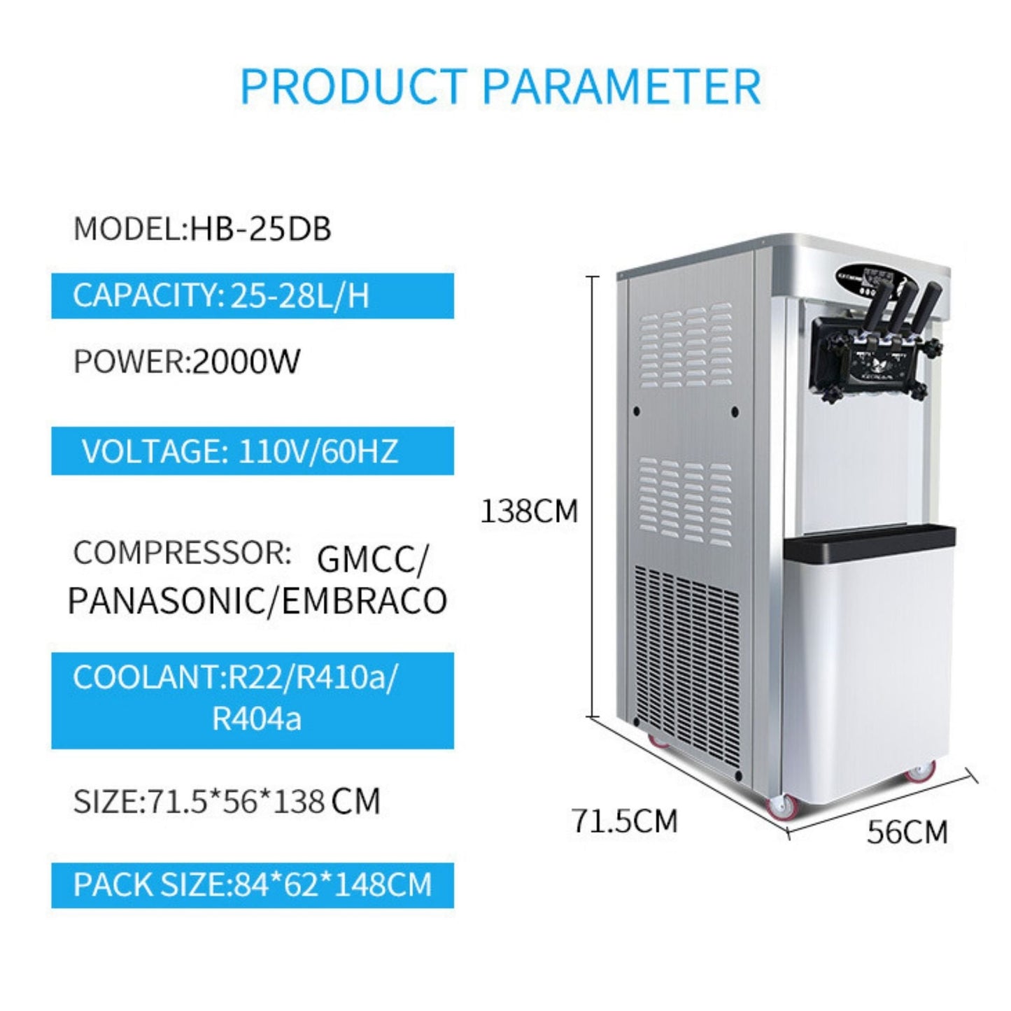 Premium Commercial Vertical 2000W 3-Flavor Soft Ice Cream Machine With Dual 6L Hoppers, 25-30 L/H