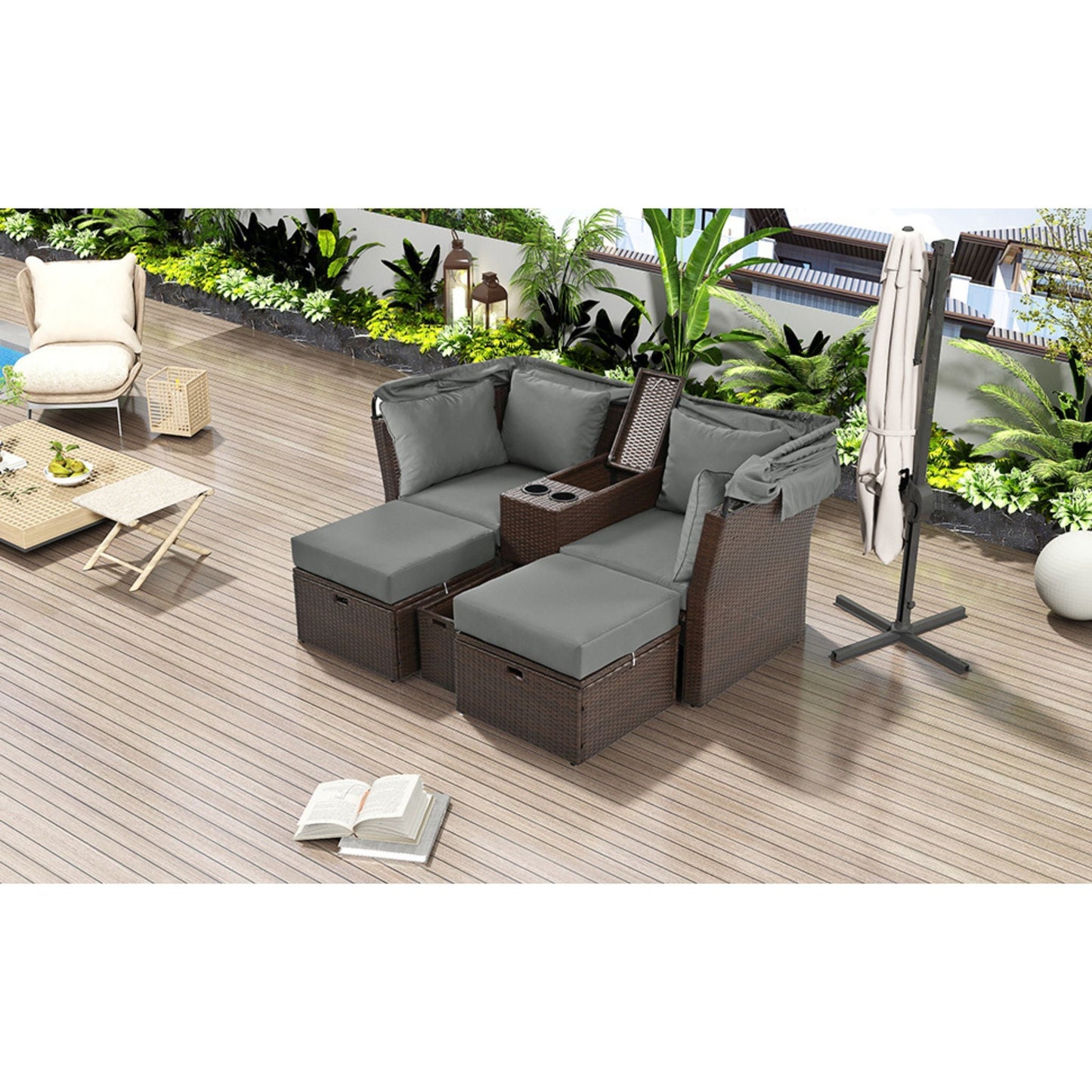 Alora Premium Outdoor 2-Seater Patio Daybed with Foldable Awning, Cushions, and Rattan Frame