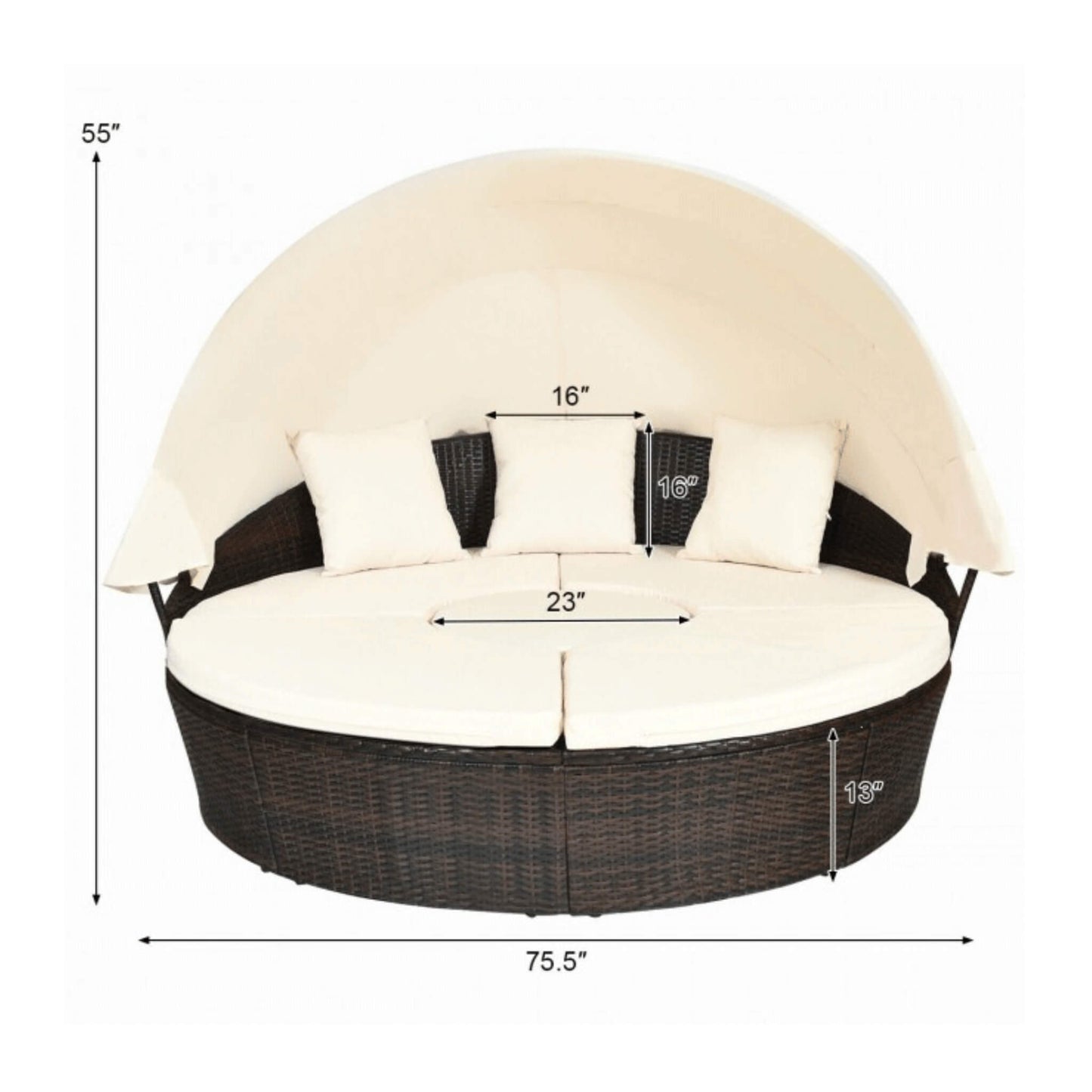 Premium Round Outdoor Patio Rattan Daybed W/ Canopy & Table 76"