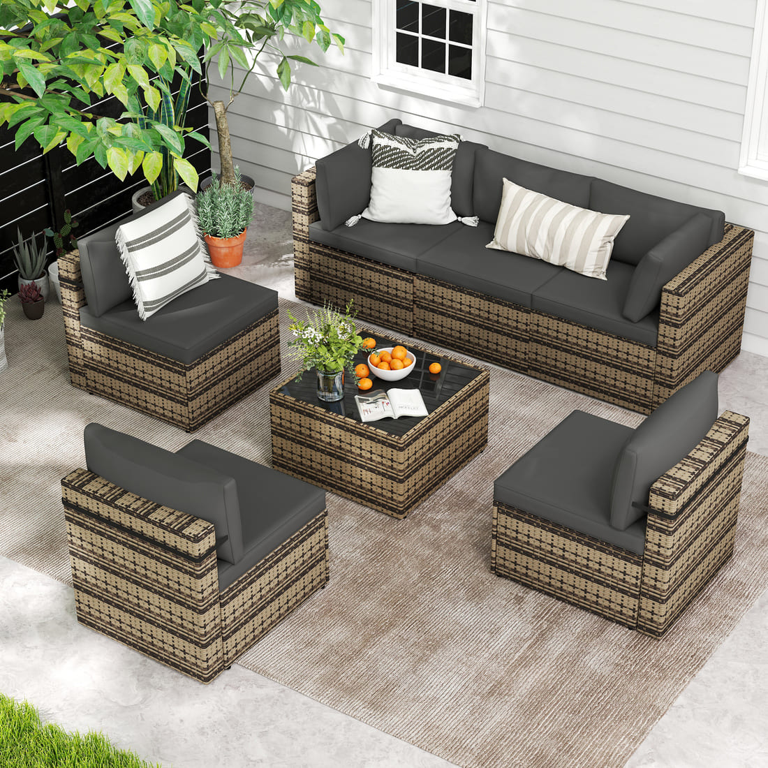 Pamapic Rattan Outdoor Sectional Couch Set (7 Pieces)