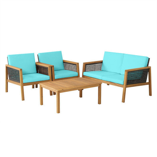 4 Pieces Patio Rattan Furniture Set with Removable Cushions - Turquoise
