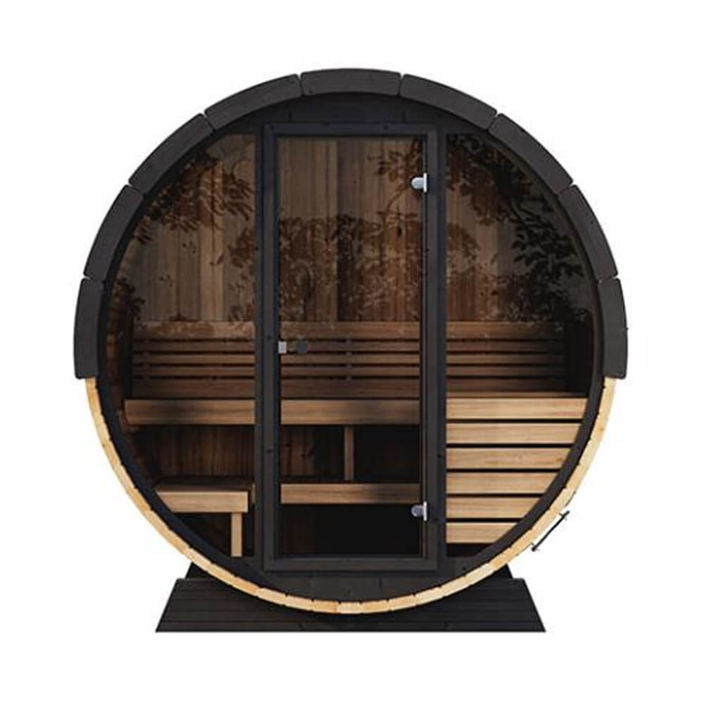 SaunaLife Model EE6G Ergo Series 4-Person Outdoor Sauna Barrel with Tempered Glass Front