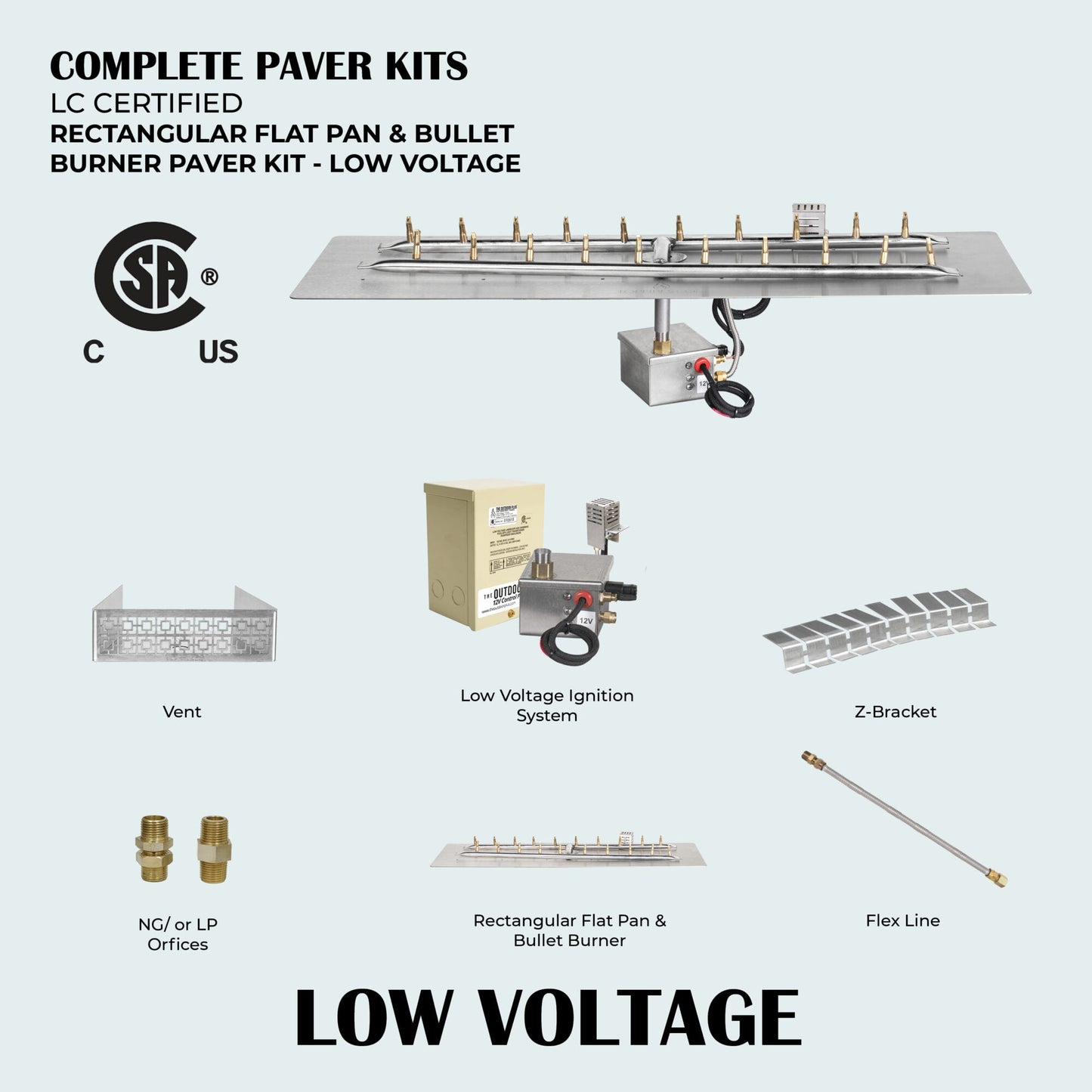 Rectangular Flat Pan & H-Style Bullet Burner Paver Kit - 12V Low Voltage Electronic Ignition