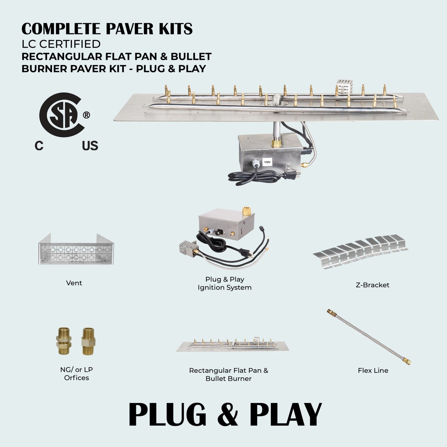 Rectangular Flat Pan & H-Style Bullet Burner Paver Kit - 110V Plug & Play Electronic Ignition