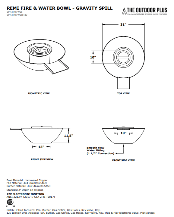 Remi Copper Fire Water Gravity SpillSPECSHEET