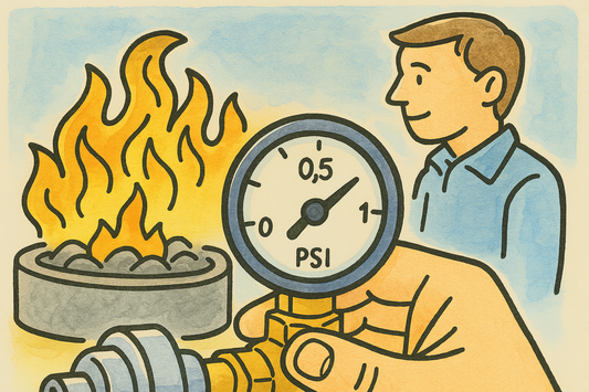 Watercolor cartoon of fire pit regulator inspection with a close-up of hand and pressure gauge.
