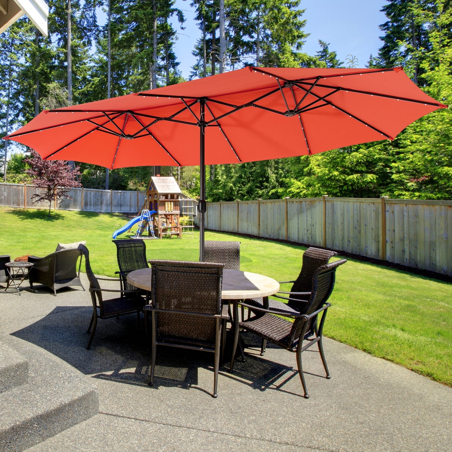 15 Feet Twin Patio Umbrella with 48 Solar LED Lights