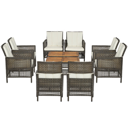 5 Pieces Patio Rattan Furniture Set Cushioned Sofa Armrest Wooden Tabletop